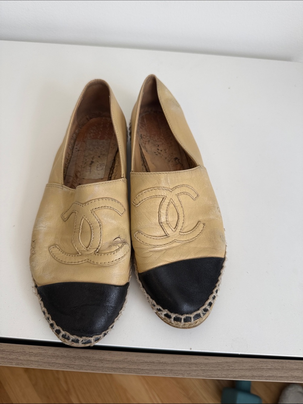 CHANEL Beige and Black Leather Espadrille Flats